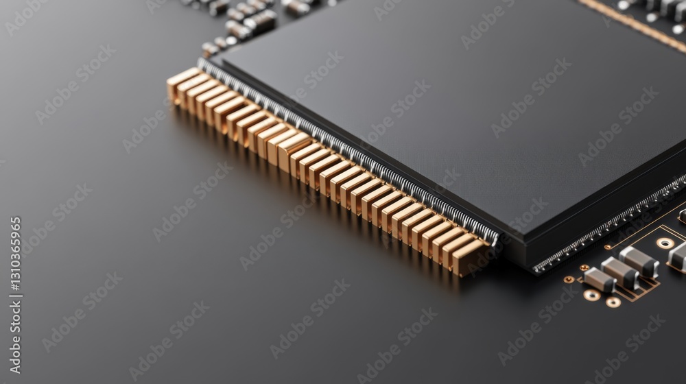 Close-up View of a High-Tech Microprocessor on a Circuit Board with Gold Pins and Black Background Close-up View of a High-Tech Microprocessor on a Circuit Board with Gold Pins and Black Background