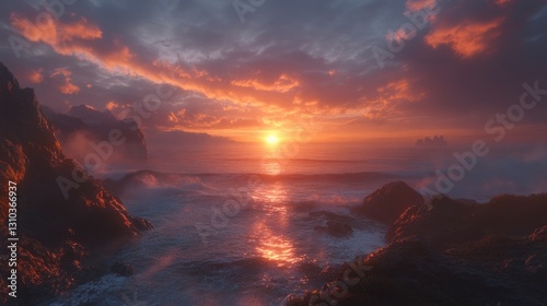Breathtaking sunset over rocky coastline with vibrant clouds reflecting on ocean waves