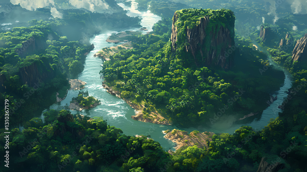 Majestic aerial view of the lush amazonian rainforest and winding river. Uncharted - Island. Illustration Majestic aerial view of the lush amazonian rainforest and winding river. Uncharted - Island. Illustration