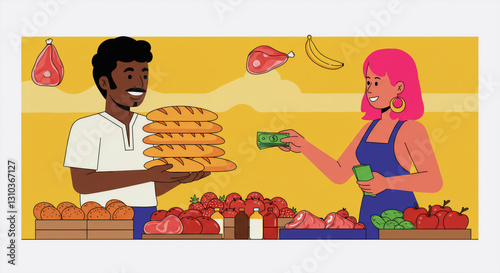 vector of buyers and sellers with various products such as shoes, cars, and daily necessities 