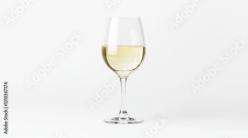 A clear glass filled with white wine on a plain background.