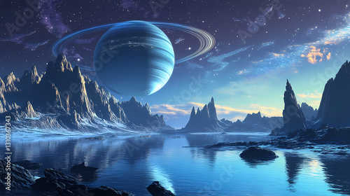 Moonlit alien planet with exotic landscapes and a massive ringed planet in the sky. Uncharted - Island. Illustration