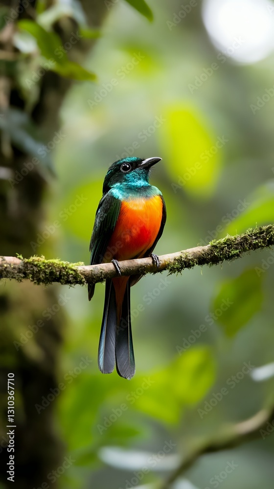 A turquoise-crowned trogon camouflaged in dense rainforest A turquoise-crowned trogon camouflaged in dense rainforest