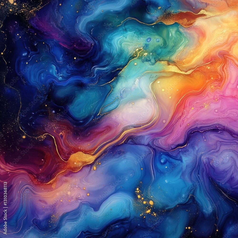 Fototapeta premium Abstract vibrant fluid art with gold accents.