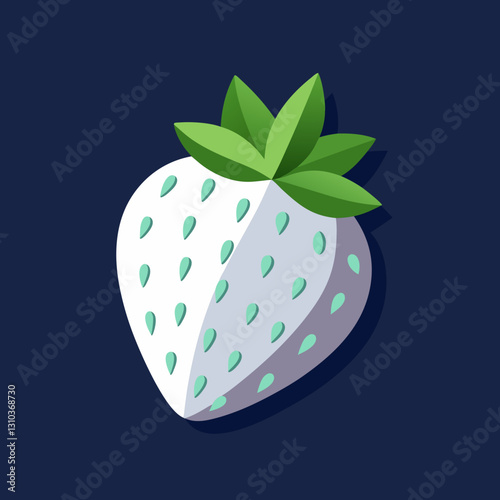 Bright and vivid portrayal of a ripe strawberry with lush green foliage set against a deep, shadowy backdrop