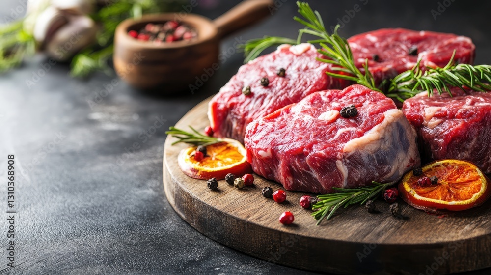 Gourmet Raw Beef Steaks with Rosemary and Spices Gourmet Raw Beef Steaks with Rosemary and Spices