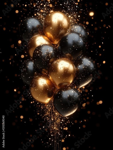 A vibrant cluster of golden and black balloons floating against a dark backdrop with shimmering particles