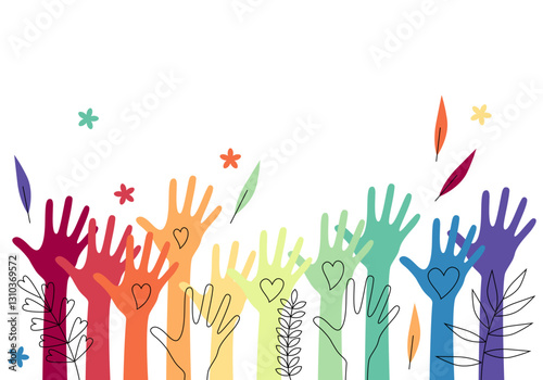 Volunteers, social workers, men and women hold hearts in their palms. Unity, cohesion of a multinational society