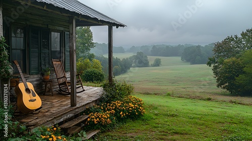 Misty Morning on a Rustic Porch with Guitar