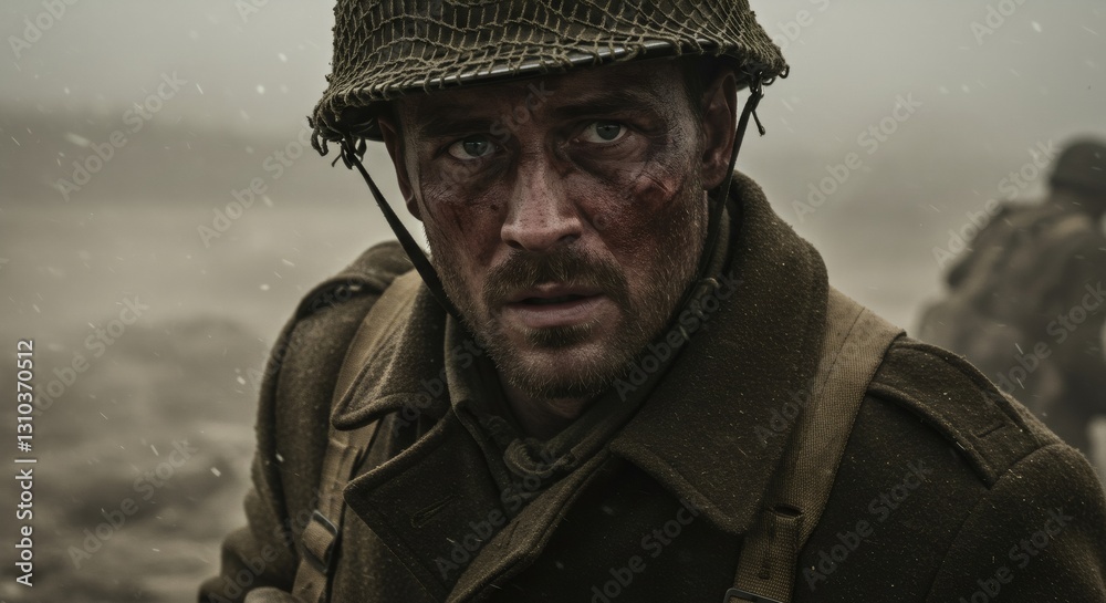 Soldier in combat gear with intense gaze during battle. Cinematic war movie scene. Dramatic portrait for Memorial Day or Veterans Day remembrance. Soldier in combat gear with intense gaze during battle. Cinematic war movie scene. Dramatic portrait for Memorial Day or Veterans Day remembrance.
