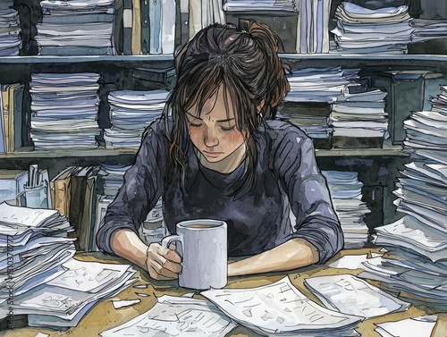 Overcrowded office scene, individual slouched over their desk, coffee cup spilling slightly, papers scattered in a chaotic arrangement
