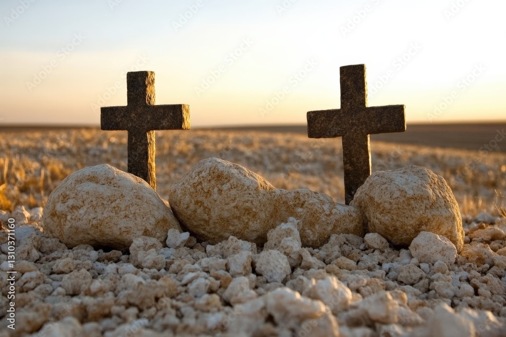 Two Rustic Crosses on a Rocky Desert Landscape at Sunset, Symbolizing Remembrance and Faith Two Rustic Crosses on a Rocky Desert Landscape at Sunset, Symbolizing Remembrance and Faith