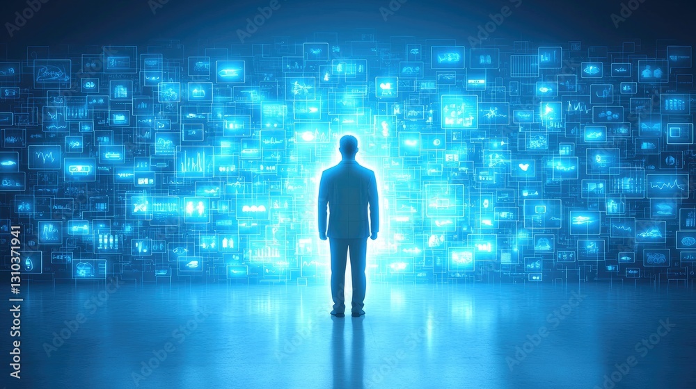 Businessman Facing Digital Data Wall Businessman Facing Digital Data Wall