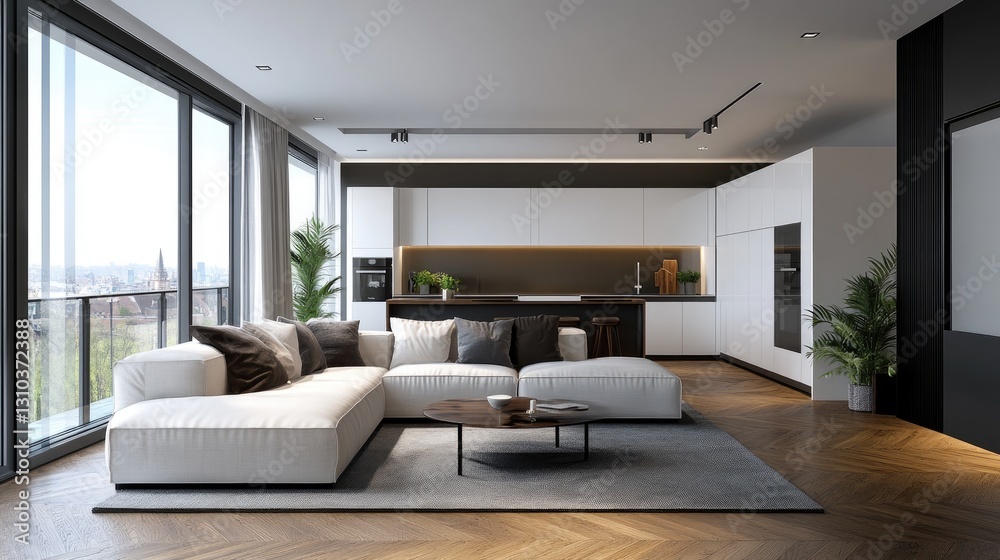 Fototapeta premium Modern Open-Plan Apartment with City Views