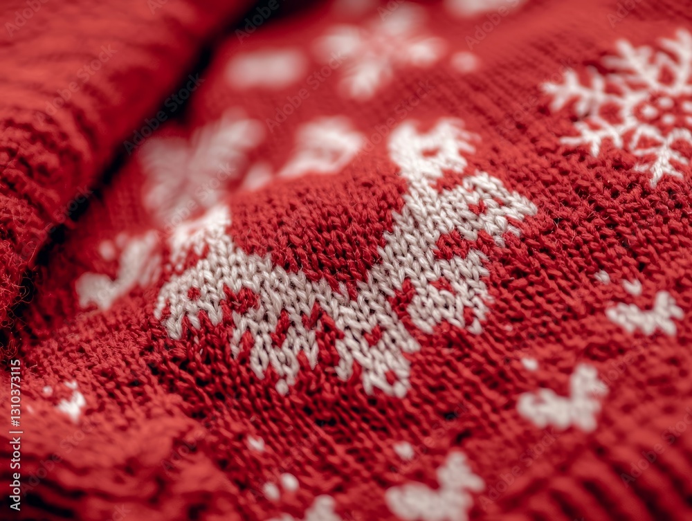 Close-up of a detailed red knitted sweater, intricate festive designs with hearts and snowflakes, warm winter vibes for Valentine's holiday background Close-up of a detailed red knitted sweater, intricate festive designs with hearts and snowflakes, warm winter vibes for Valentine's holiday background