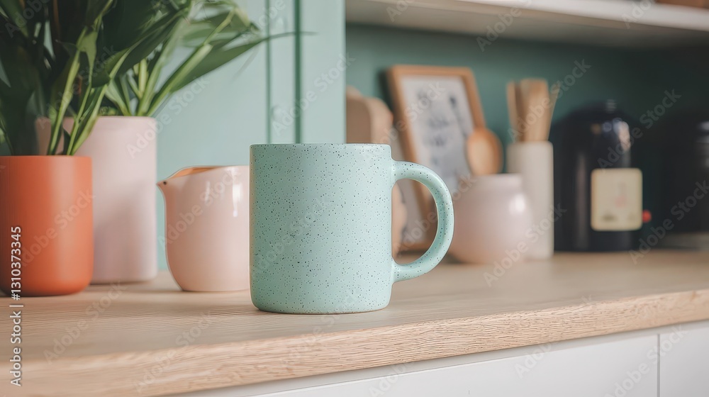Light teal mug on kitchen counter with plants and kitchenware.