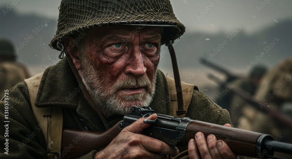 Fototapeta premium Elderly caucasian man in World War II military uniform and helmet holding rifle. Emotional portrait of veteran soldier. Historical reenactment. Memorial Day concept.