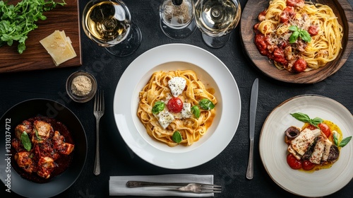Overhead View Of Italian Pasta Dishes On Dark Table With Wine