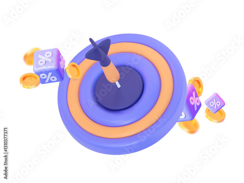 3D target with a dart in the center, surrounded by gold coins and percentage cubes.