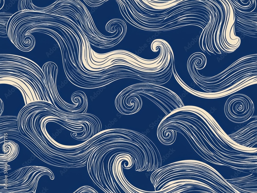 Hand-drawn swirled line ornament in bold vector style, dynamic squiggly waves on seamless background, deep blue and white aesthetic