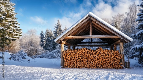 Winter Woodshed Stacked With Firewood Logs
