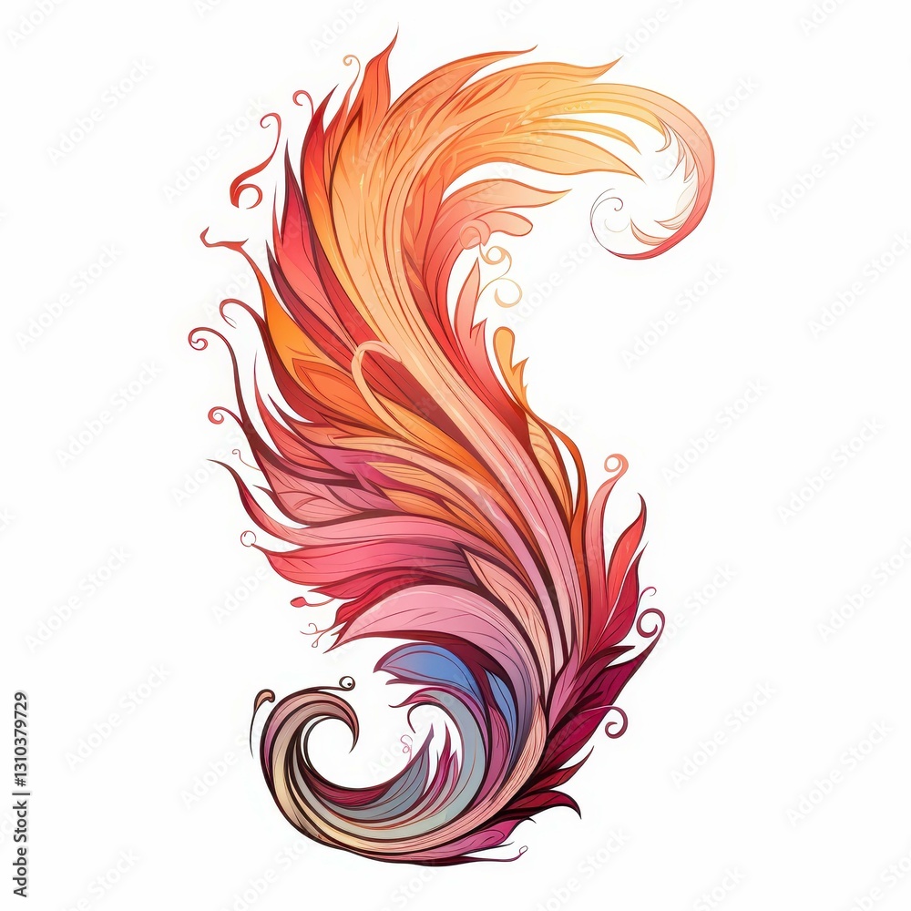 Fototapeta premium A stunning phoenix feather in vibrant hues, elegantly isolated against a white backdrop, showcasing pastel tones.