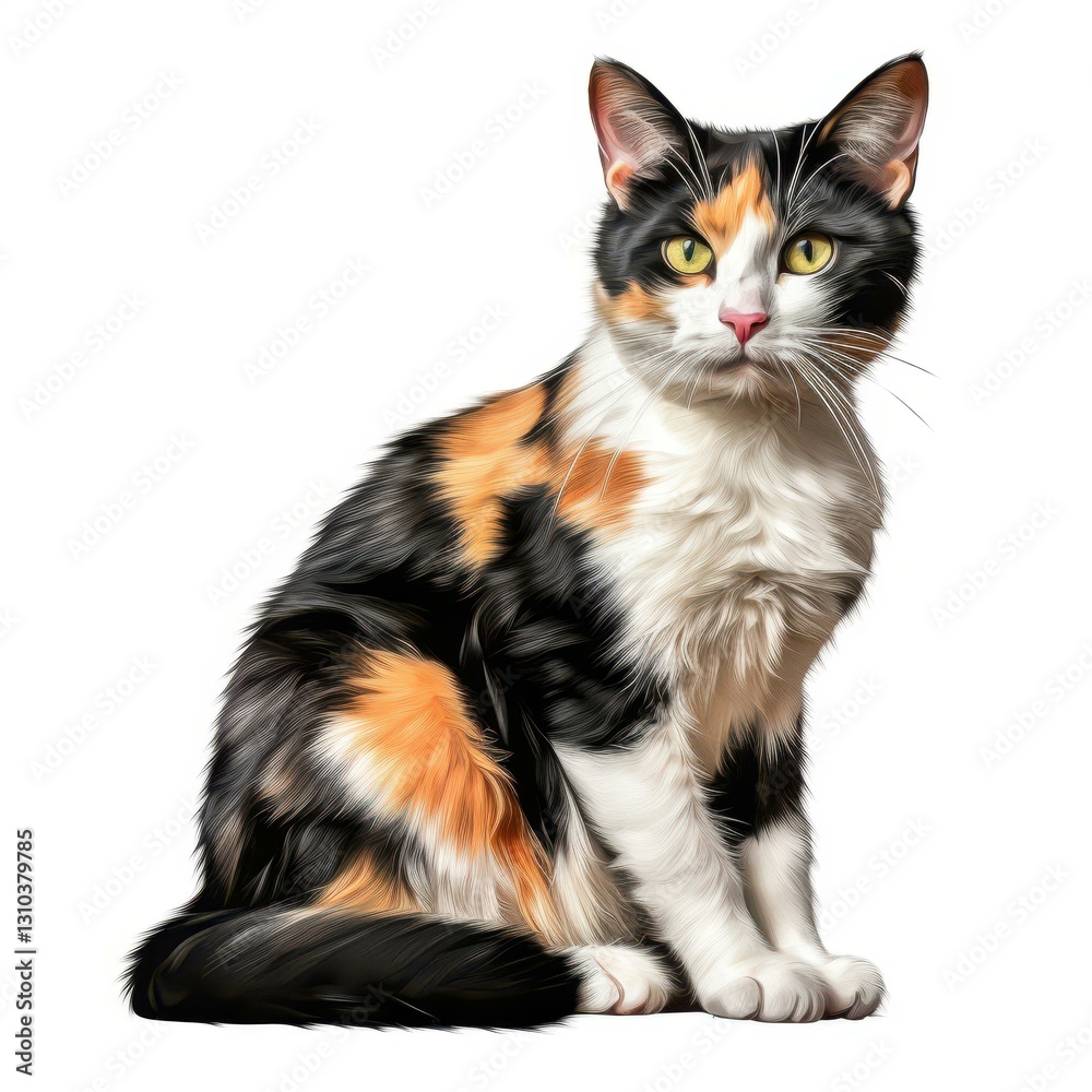 A vibrant calico cat with a mix of orange, black, and white fur, showcasing its playful nature against a clean white backdrop. A vibrant calico cat with a mix of orange, black, and white fur, showcasing its playful nature against a clean white backdrop.