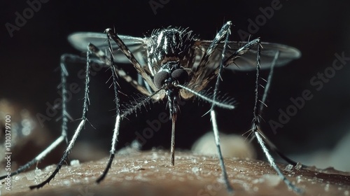 Close-up shot of an Aedes aegypti mosquito landing on human skin, focusing on its black and white striped legs and glossy wing texture