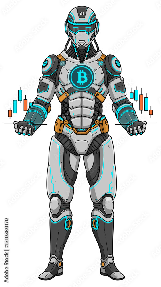 Bitcoin broker robot using AI technology. Minimalist flat design illustration Bitcoin broker robot using AI technology. Minimalist flat design illustration