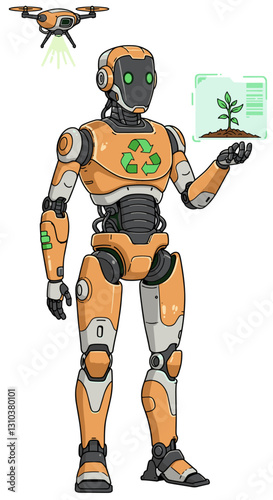 Agriculture and recycling robot powered by AI and using drone. Minimalist illustration over white background