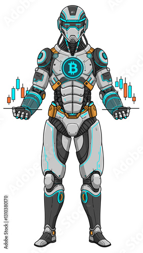 Bitcoin broker robot using AI technology. Minimalist flat design illustration