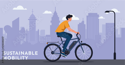 Man using sustainability mobility in the city with e-bike. Colorful flat design illustration