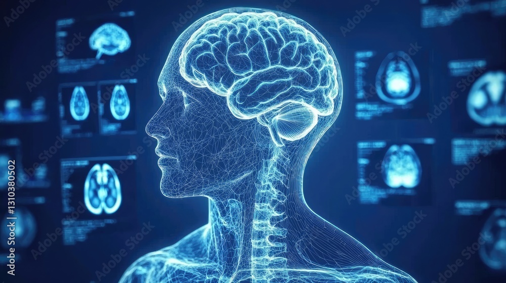 Fototapeta premium Brain scan silhouette showing thought, memory. Medical research, AI, health promotion