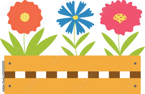 Flowers in a wooden box for the yard and garden. Spring blooming flowers. Isolated vector illustration on a transparent background.