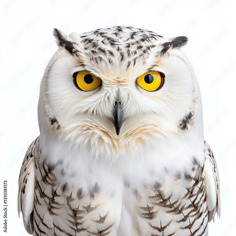 Obraz premium A captivating snowy owl with vivid eyes rests against a clean white backdrop, showcasing its delicate features in pastel tones.