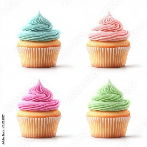 Delicious cupcakes set against a clean, white backdrop, highlighting their vibrant colors and tempting frosting. photo