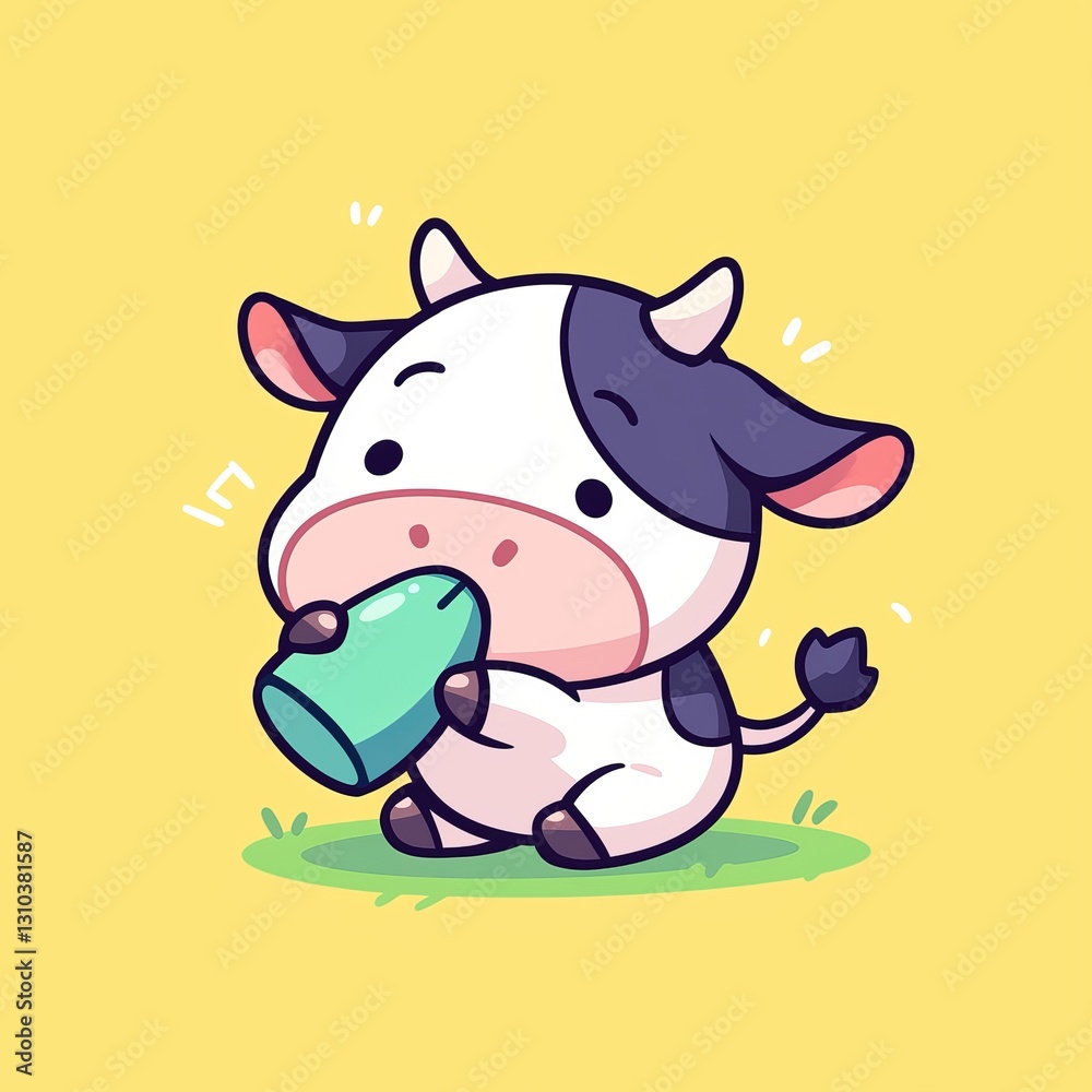 Fototapeta premium Cute Cow Drinking Milk on Grass