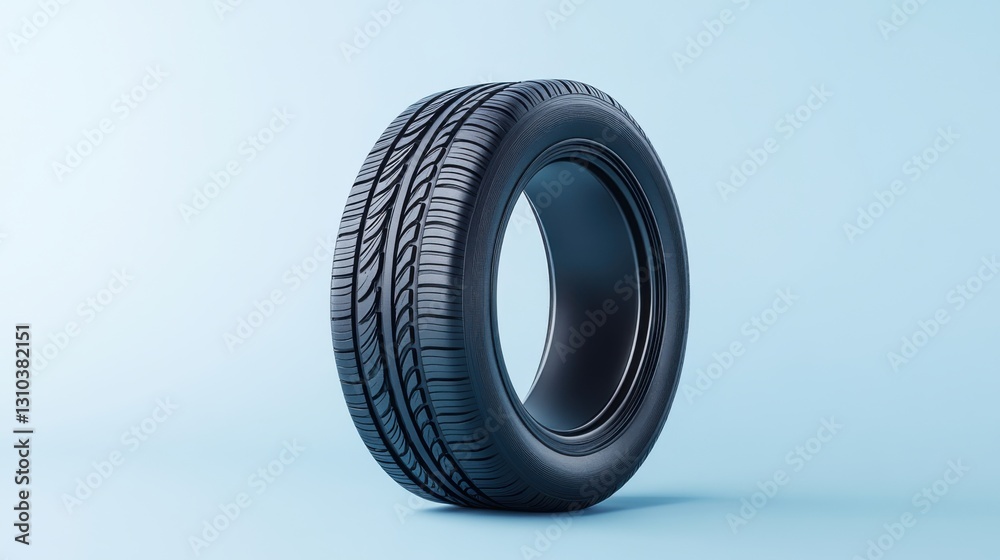 Realistic Black Car Tire on Light Blue Background for Automotive and Transportation Concepts Realistic Black Car Tire on Light Blue Background for Automotive and Transportation Concepts