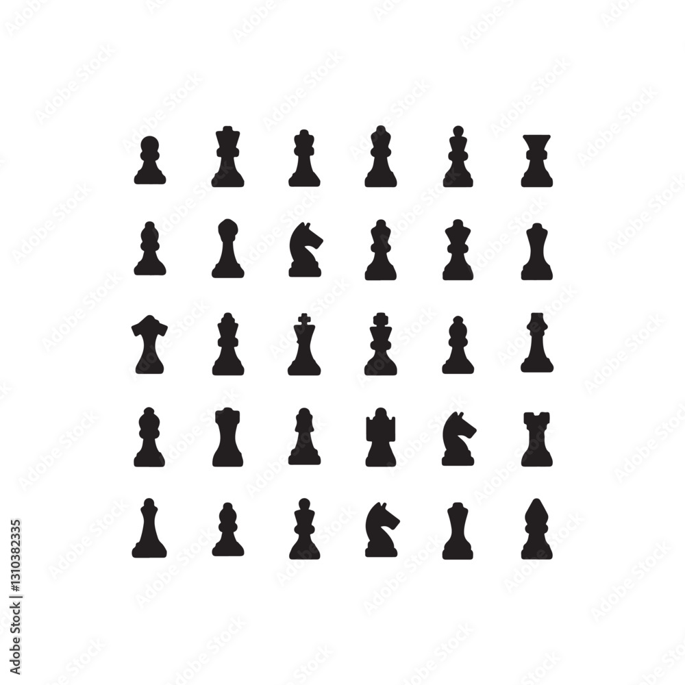 Complete Set of Black Chess Pieces.A graphic display of all standard chess pieces in black silhouette. Complete Set of Black Chess Pieces.A graphic display of all standard chess pieces in black silhouette.