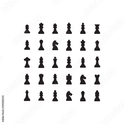 Complete Set of Black Chess Pieces.A graphic display of all standard chess pieces in black silhouette.