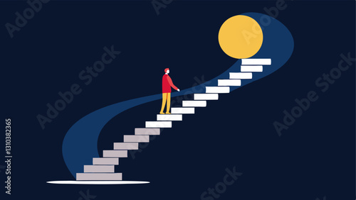 The Upward Spiral of Hope A figure climbing a spiral staircase from darkness to light suggesting the gradual movement towards hope. Each step can be depicted with uplifting colors