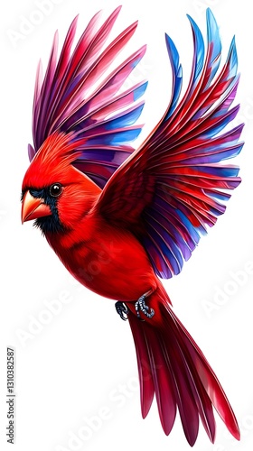 Striking realistic illustration of a red cardinal bird with blue wings spread wide in a vibrant natural setting