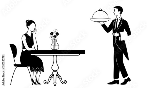 Elegant black and white illustration of a waiter serving a dish to a lonely woman at a restaurant. Minimalist retro style, refined atmosphere. Editable layers for easy customization.