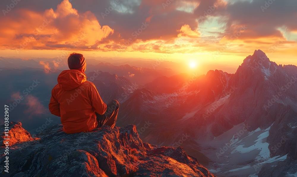 Obraz premium Man Sits on Mountain Peak Watching a Stunning Sunrise Over Mountain Range
