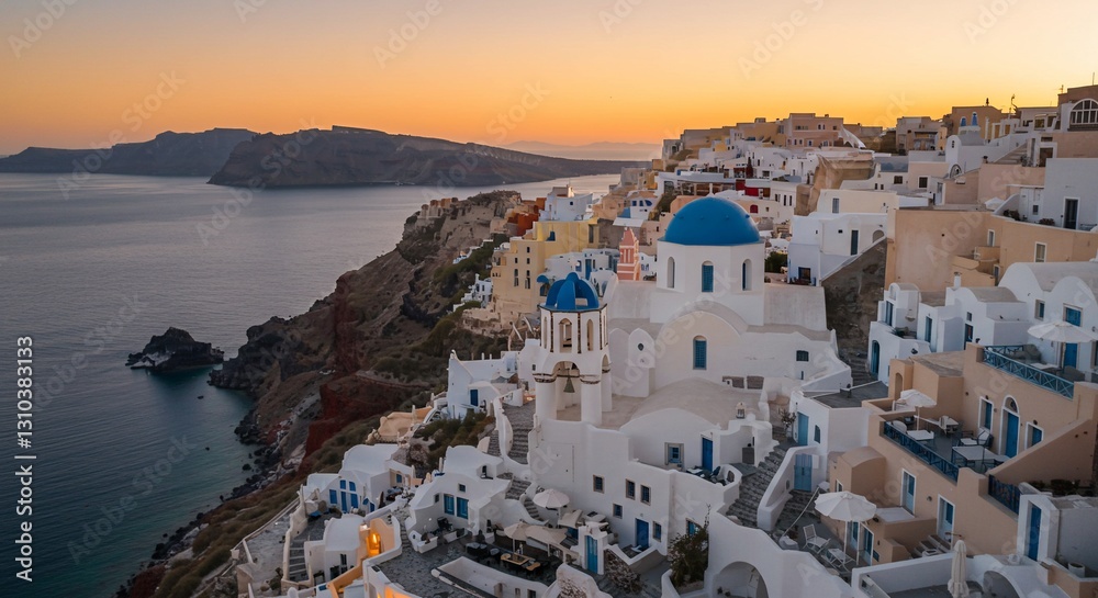 Obraz premium Sunset over Santorini's cliffside village