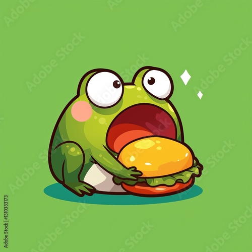 Frog Eats a Burger on Green Background photo