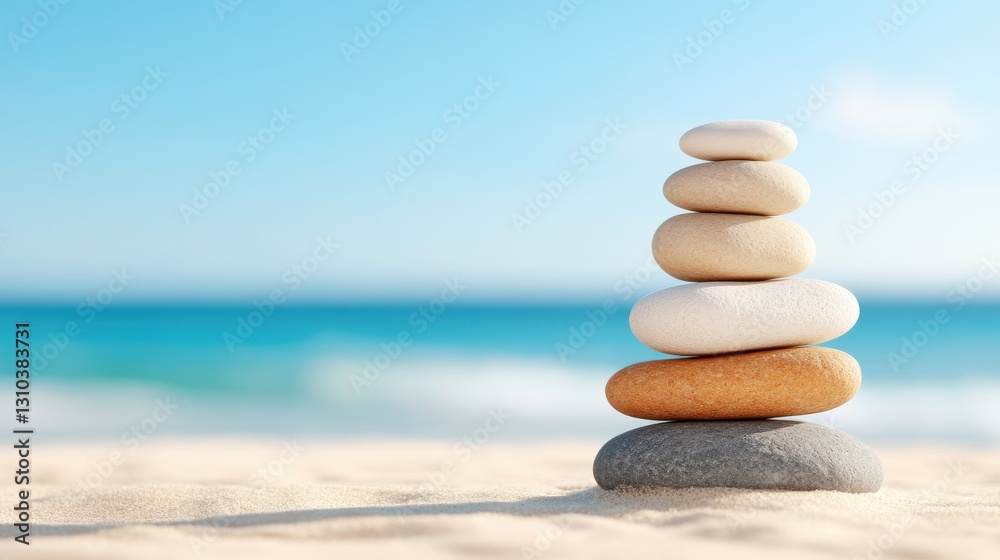 Stacking pebbles for tranquility by the ocean waves Stacking pebbles for tranquility by the ocean waves