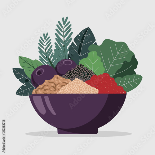 Superfood bowl with quinoa, kale, and berries, nutritious vegan meal