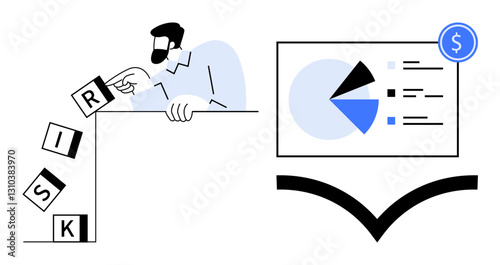 Man pushing risk blocks, financial chart with pie diagram and dollar sign, bounce curve. Ideal for risk management, finance, decision-making, analysis, strategy growth planning. Flat simple