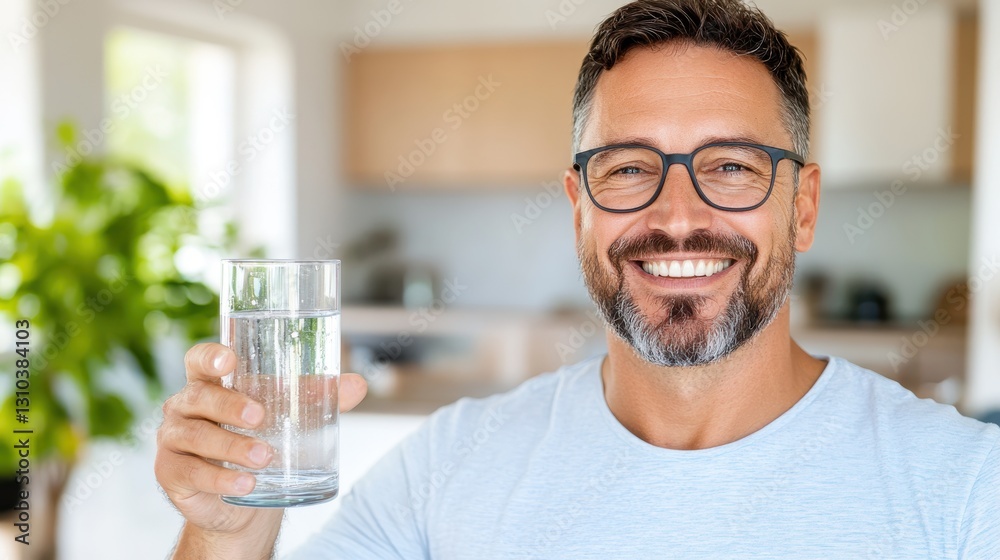 Confident man enjoying hydration in a bright home environment Confident man enjoying hydration in a bright home environment
